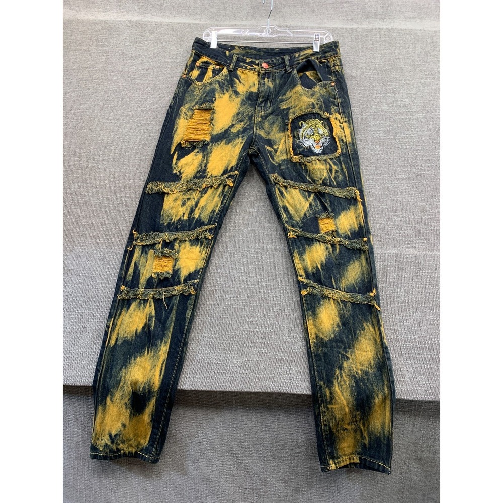 Parva Milano Straight Jeans Mens 32 Blue Acid Wash Tie Dye Slim Fit Distressed